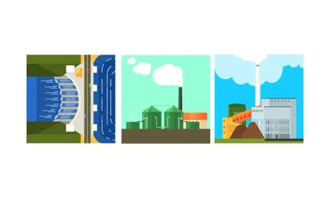 Power plants, clean and polluting energy generation production, alternative Stock Illustration