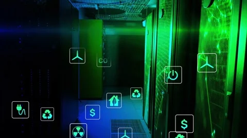 Power plug icon appearing, right panel emitting green glyphs floating and fading Stock Footage 332566496