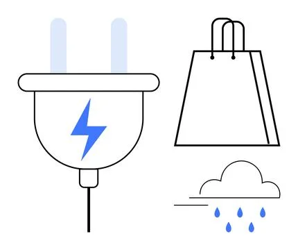 Power plug with lightning bolt symbol, shopping bag, and rain cloud and drops 스톡 일러스트