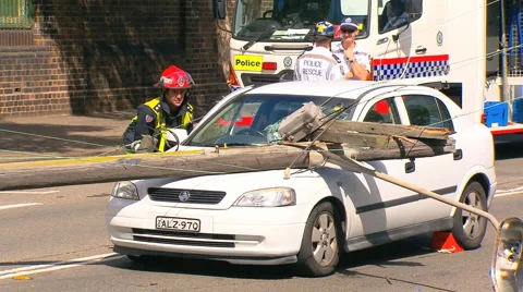 Power Pole Crashes Into Car Trapping Driver Stock Footage 2255131