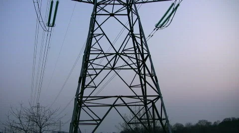 Power pylon and high-voltage transmission lines, Denmark. Tilt from base to top. Видео 359288