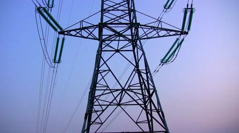 Power pylon and high-voltage transmission lines, Denmark. Tilt from base to top. Video stock 44227870