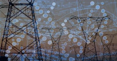 Power pylons receiving data feed, blue rings appearing and densifying to show Stock Photos