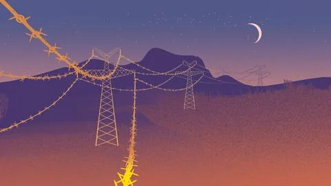 Power pylons strung with barbed wire at dusk Stock Illustration