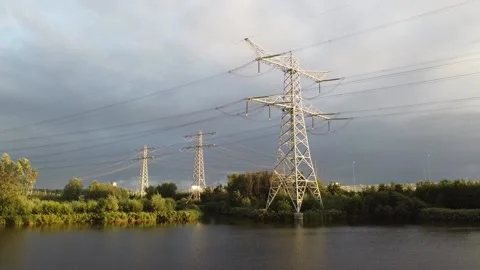 Power Pylons at Sunset 04 Stock Footage 145953668