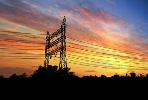 Power pylons at sunset Stock Footage 374731