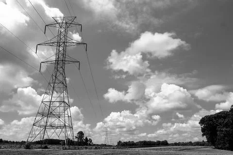 Power pylons support lines running through pastoral environment in McConnel.. Stock Photos