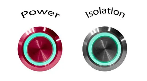 Power red button with word and circular green backlight and Insulation silver Stock Photos