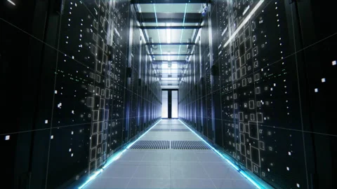 Power Running Through Data Center Server Racks Filling Data Cubes with Info Stock Footage 133254165