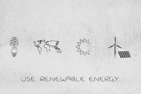 Power saving light bulb wind turbine and solar panel icons next to sun and wo Ilustração Stock