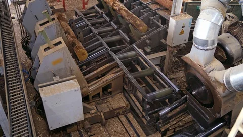 Power-saw bench. Process of cutting logs at woodworking plant. Stock Footage 119515415