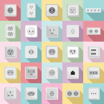 Power socket icons set, flat style Stock Illustration