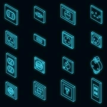 Power socket icons set vector neon Stock Illustration