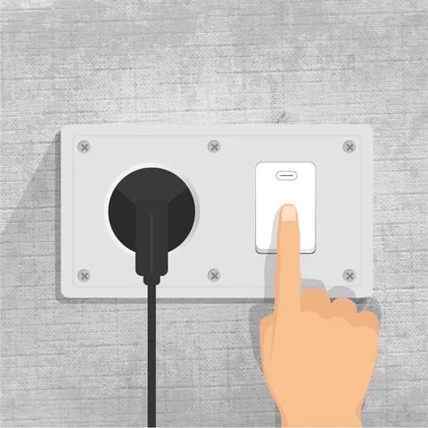Power socket. Light switch. Connecting the plug. finger pressing light switch bu Stock Illustration
