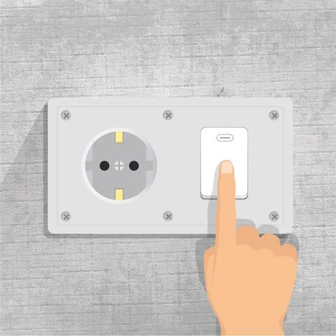 Power socket. Light switch. finger pressing light switch button. gray background Stock Illustration