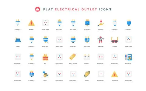 Power socket types for electric energy charging, different country standard flat Stock Illustration