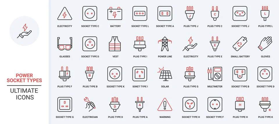 Power socket types for electric energy charging, different country standard line Stock Illustration