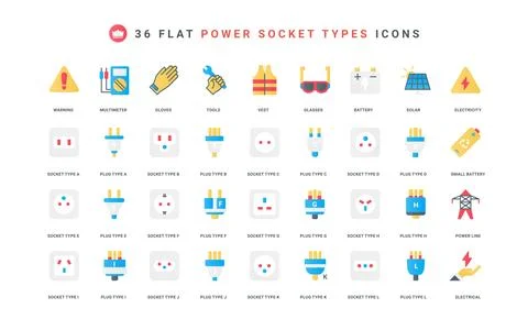 Power socket types, world standard for outlets, safety gear of electrician color Stock Illustration