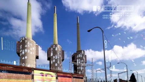 Power station and industrial complex with code and data glitch Stock Footage 316707233