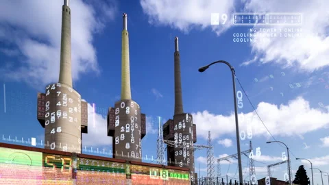 Power station and industrial complex with code and data glitch Stock Footage 316707286