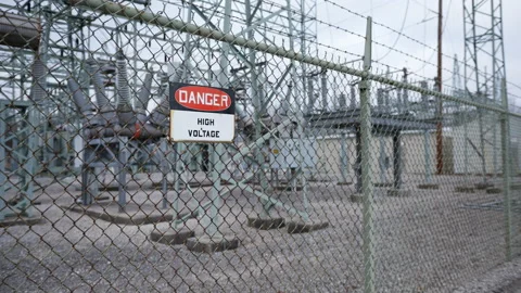 Power station with Danger High Voltage sign 4k Stock-Footage 146833085
