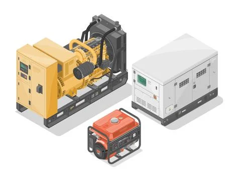 Power station generators different type size gas engine motor isometric Stock Illustration