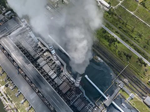 Power station with steaming chimneys 스톡 사진