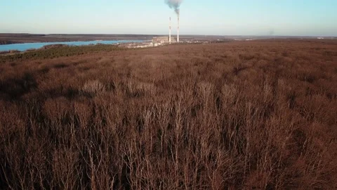 Power station is working on the background of the river and the forest Stock Footage 95898742
