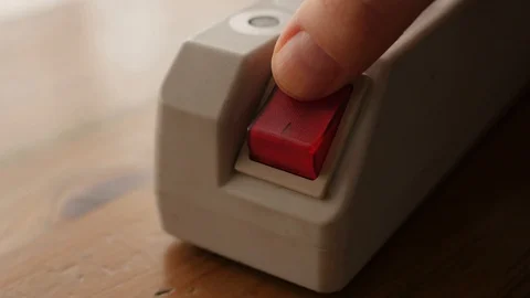 Power strip off, current, voltage, extension cord, red button Vídeo Stock 122591907