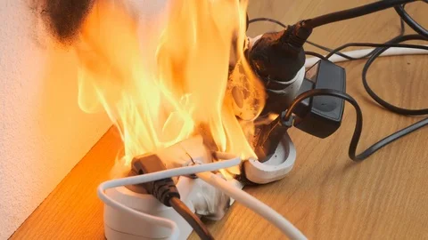 Power strip with electrical plugs burns with open flame in room. Vidéo 116862473