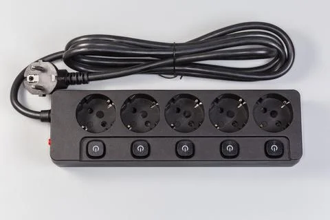 Power strip with five power sockets with separate socket switches Stock Photos