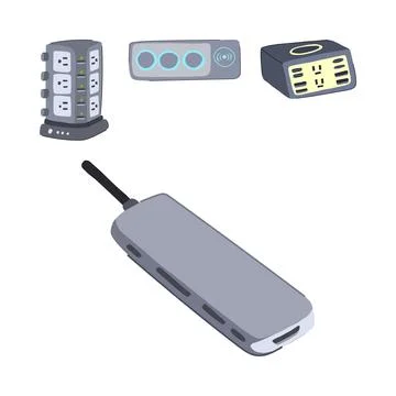 Power strip tower, multi port hub and charging devices set Stockillustratie