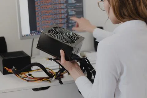 Power supply Electronics technology concept. Young woman online shopping Powe Stock Photos