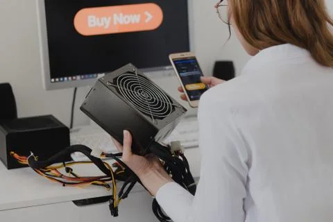 Power supply Electronics technology concept. Young woman online shopping Powe Stock Photos