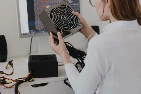 Power supply Electronics technology concept. Young woman online shopping Powe Stock Photos