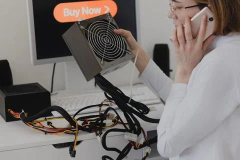 Power supply Electronics technology concept. Young woman online shopping Powe Stock Photos