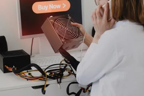 Power supply Electronics technology concept. Young woman online shopping Powe Foto stock