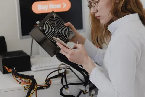 Power supply Electronics technology concept. Young woman online shopping Powe Stock Photos