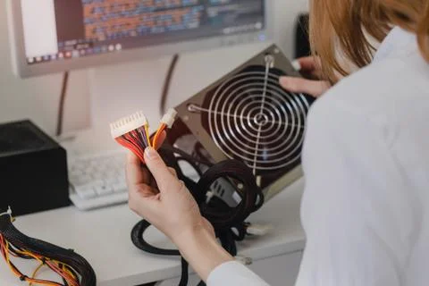 Power supply Electronics technology concept. Young woman online shopping Powe Stock Photos