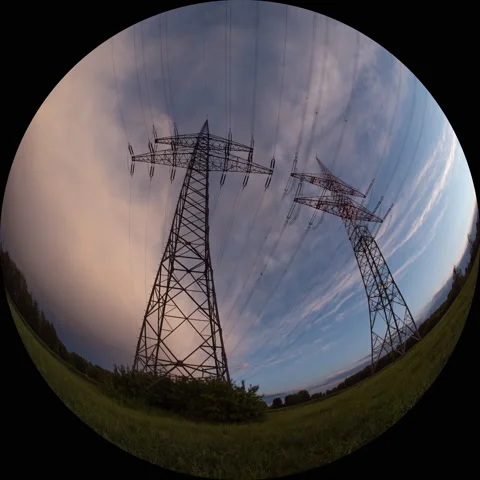 Power Supply Line Clouds passing - Spherical Projection Stock Footage 130655988