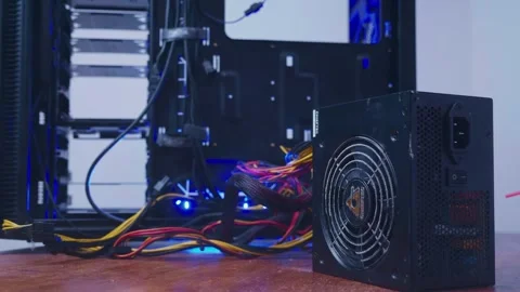 Power supply unit with fan close up. technician using compressed air spray Stock Footage 274816534