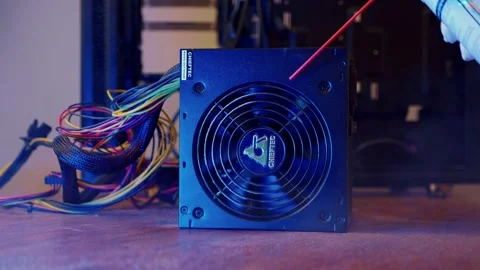 Power supply unit with fan close up. technician using compressed air spray Stock Footage 275743729
