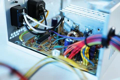 Power supply unit on table, closeup. Computer repair service 스톡 사진