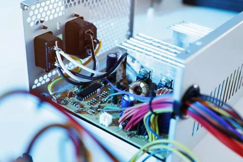 Power supply unit on table, closeup. Computer repair service 스톡 사진