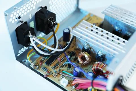 Power supply unit on table, closeup. Computer repair service 스톡 사진