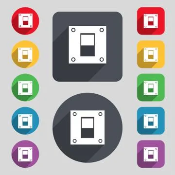Power switch icon sign. A set of 12 colored buttons and a long shadow Ilustração Stock