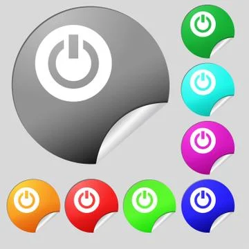 Power,  Switch on, Turn on   icon sign. Set of eight multi-colored round butt Stock Illustration