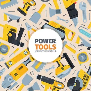 Power tools background. Yellow reversible screwdriver modern grinder black metal Stock Illustration