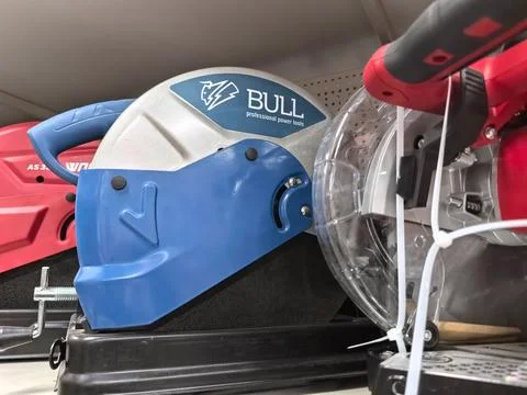 Power tools for DIY enthusiasts displayed in a vibrant hardware store aisle Stock Photos