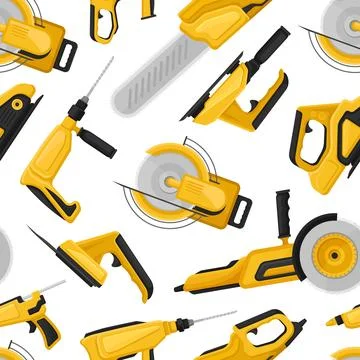 Power Tools Seamless Pattern Design with Building Instrument Vector Template Stock Illustration
